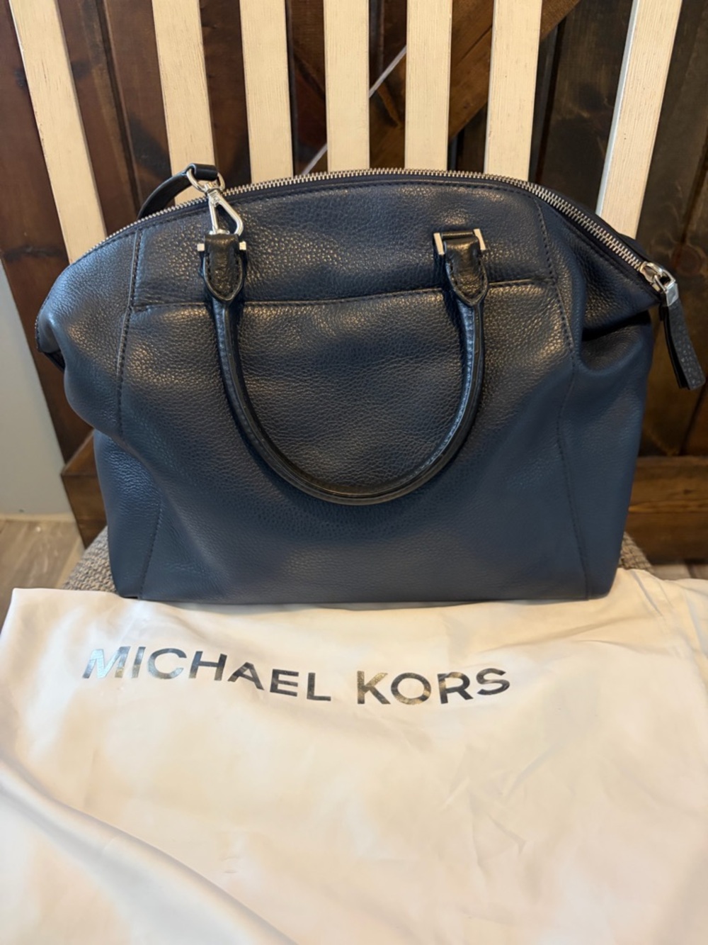 Michael Kors Dark Navy Pebbled Leather Satchel with Silver Hardware - Picture 3 of 10